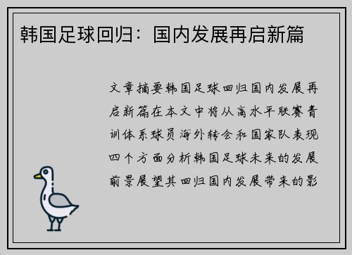 韩国足球回归：国内发展再启新篇